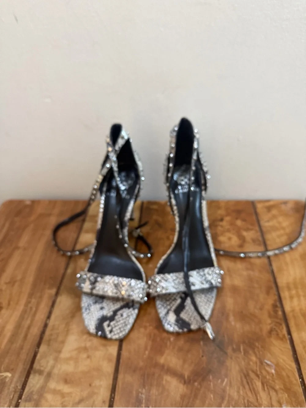 Vince Camuto Crystal-Embellished Silver Snake-Print Ankle-Strap Heel